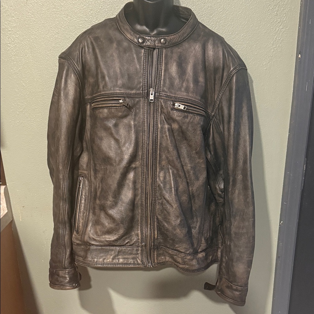 Men's Distressed Black/Brown Leather Bomber Jacket with removable liner